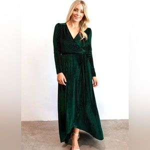 Ribbed Velvet Wrap Dress Emerald